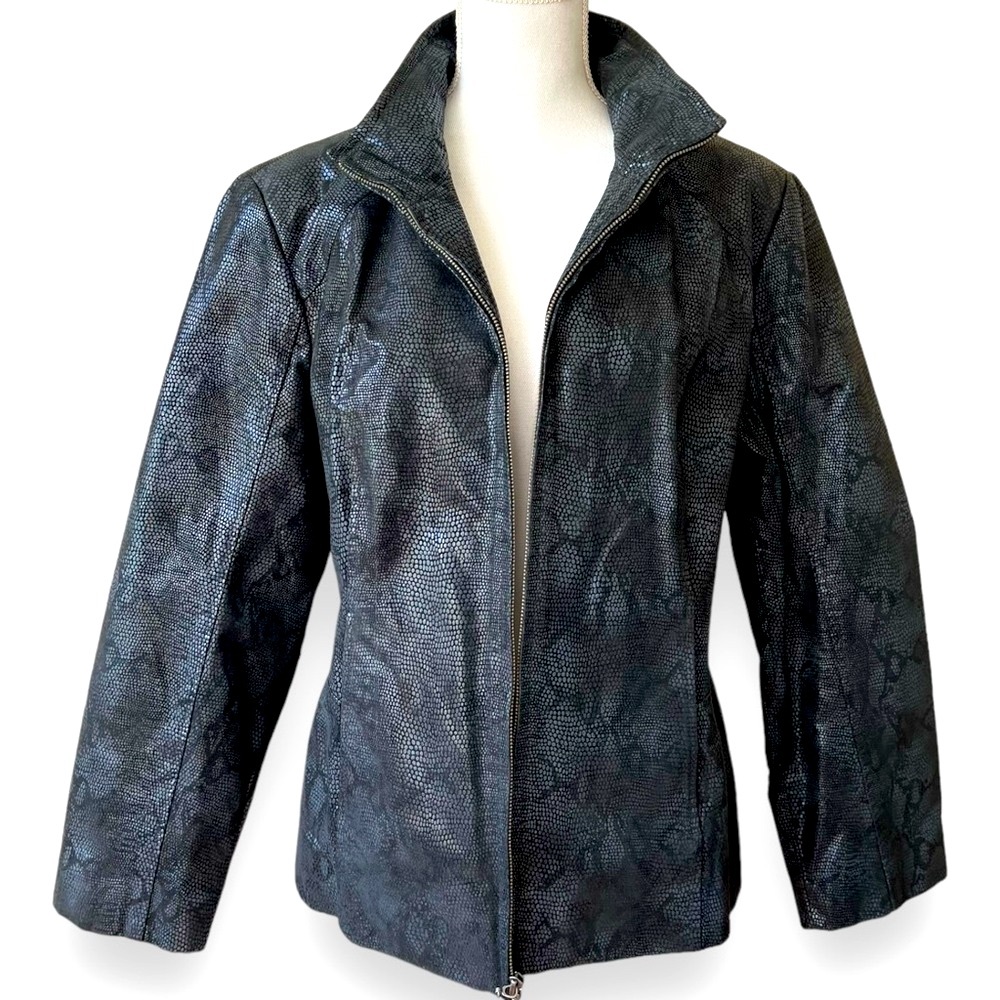 Preston & York Black Leather Jacket With Snakeskin Print